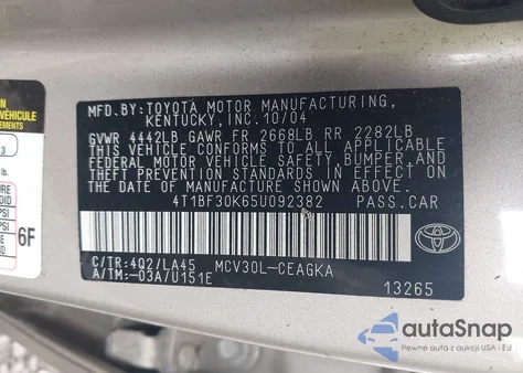 2005 Toyota Camry Xle V6 z USA, uszkodzony, nr VIN 4T1BF30K65U092382